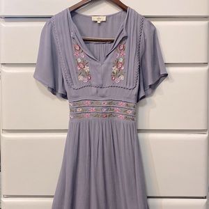 Lavender/Violet Flutter Sleeve, Embroidered Peasant Cottage Midi Dress